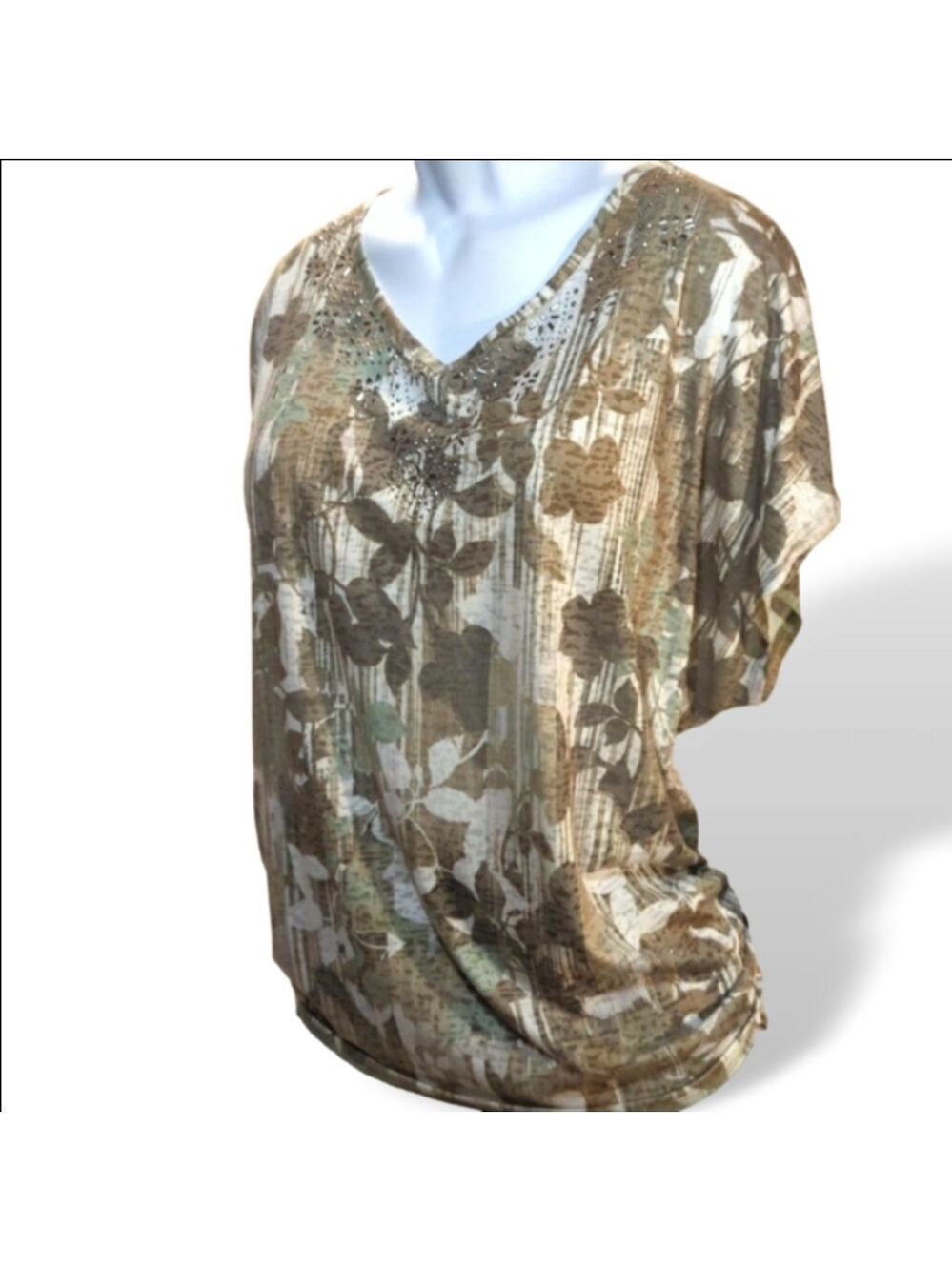 V-neck tee with side ruching and gem detail